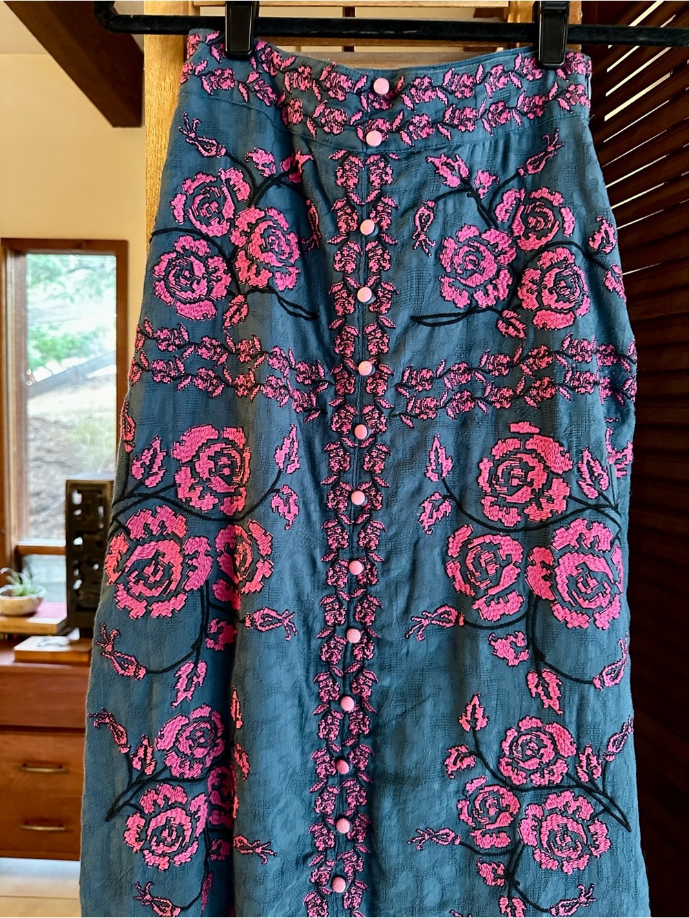 Anthropologie Embroidered Midi Skirt - Blue & Pink - Size 0 - Picture 5 of 13